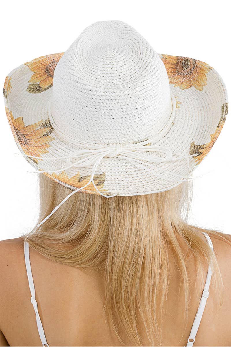 Sunflower Print Wired Taco Brim Paper Straw Cowboy Hat