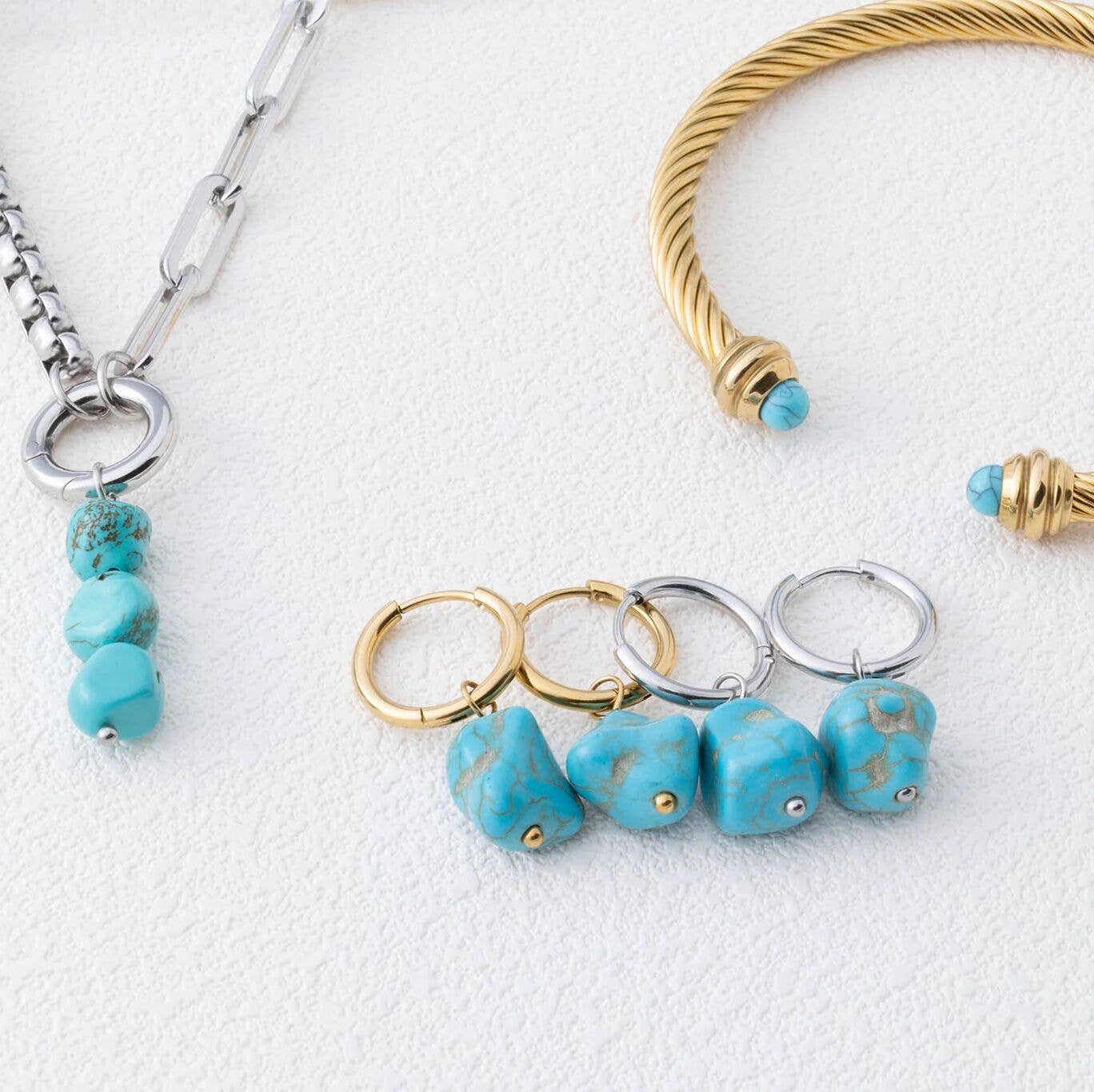 18K Gold PVD Stainless Steel Turquoise Stone Huggie Earrings