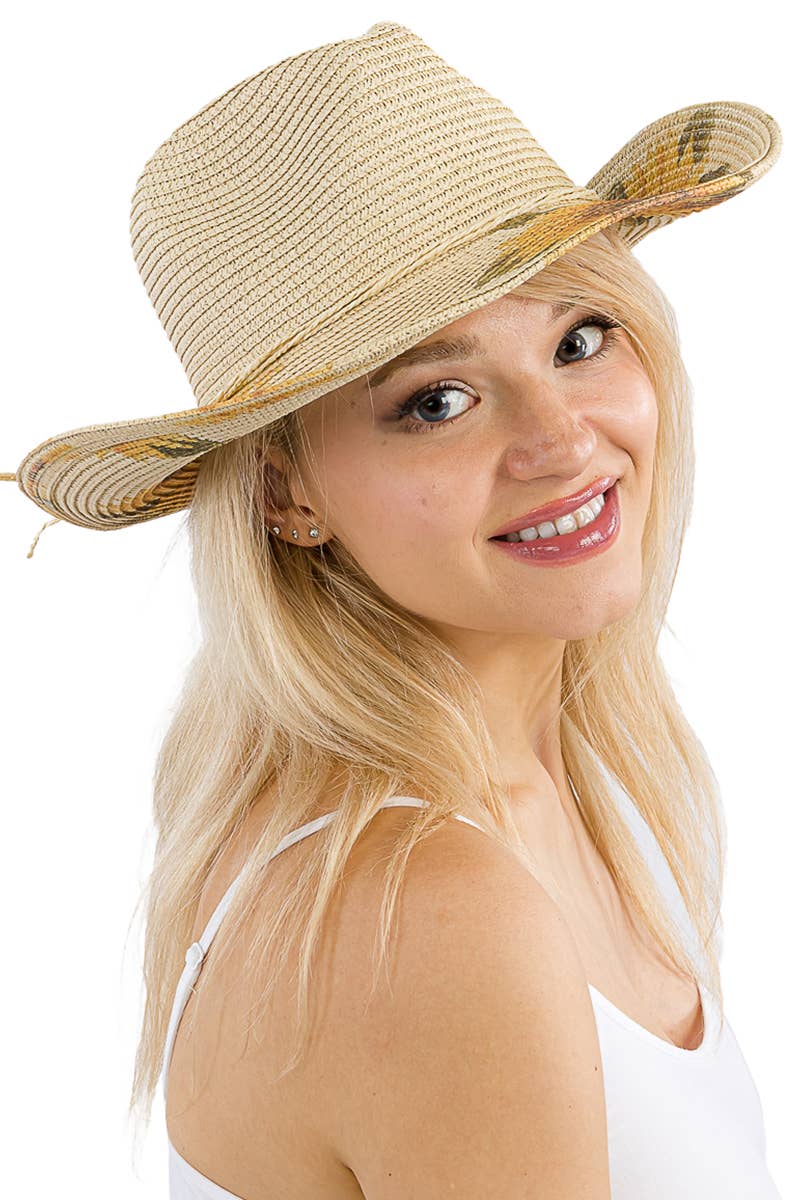 Sunflower Print Wired Taco Brim Paper Straw Cowboy Hat