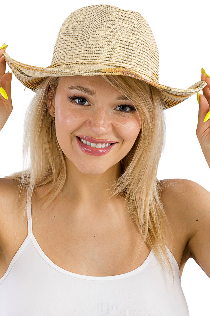 Sunflower Print Wired Taco Brim Paper Straw Cowboy Hat