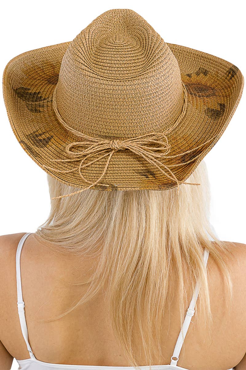 Sunflower Print Wired Taco Brim Paper Straw Cowboy Hat