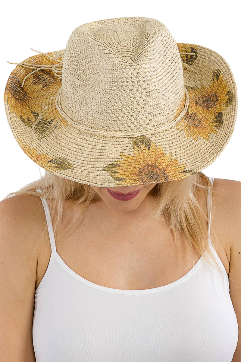 Sunflower Print Wired Taco Brim Paper Straw Cowboy Hat