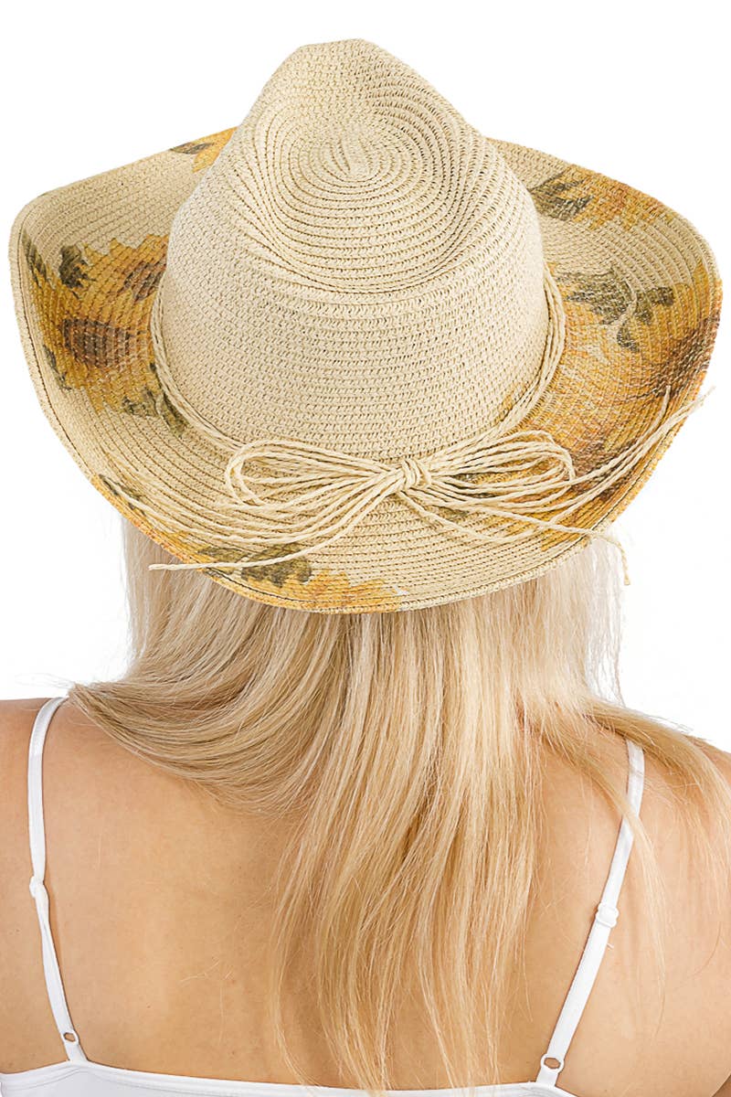 Sunflower Print Wired Taco Brim Paper Straw Cowboy Hat