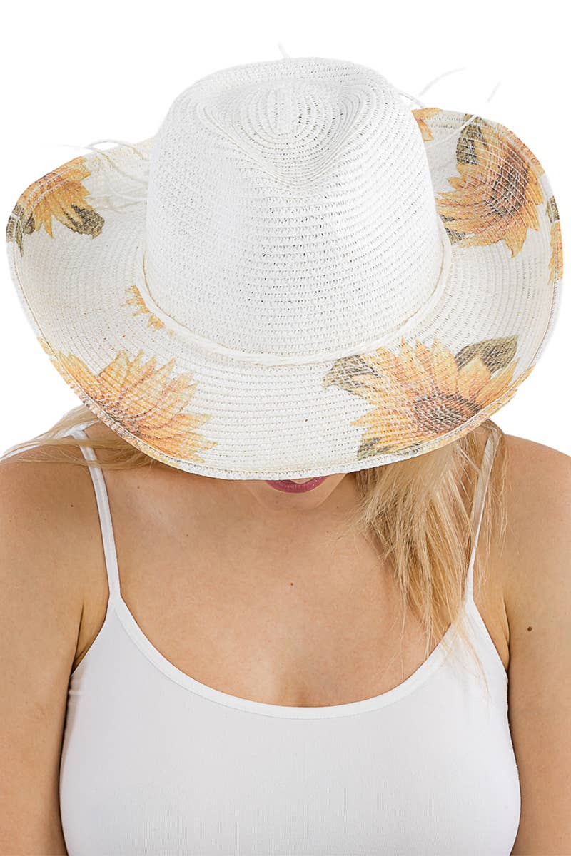 Sunflower Print Wired Taco Brim Paper Straw Cowboy Hat