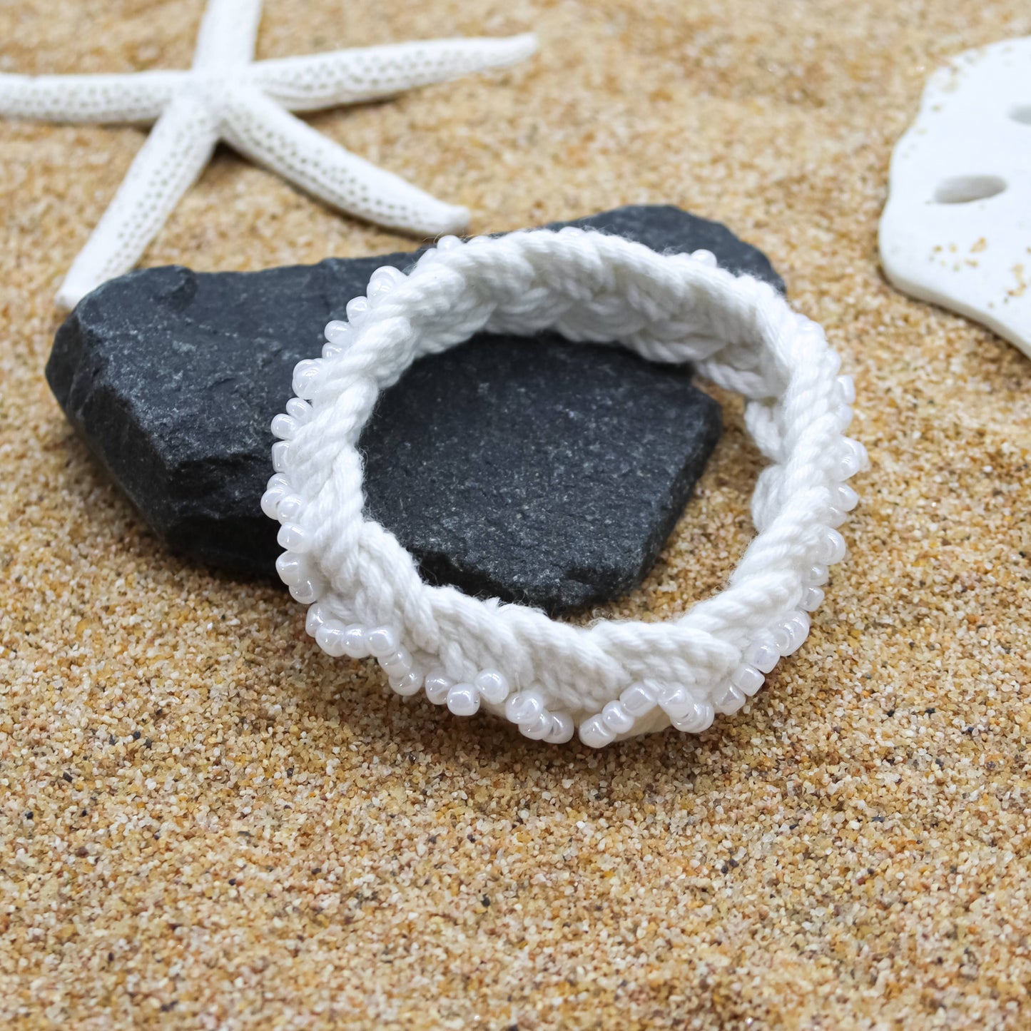 Hand Braided Sailor Knot Bracelet with White Seed Beads - PC
