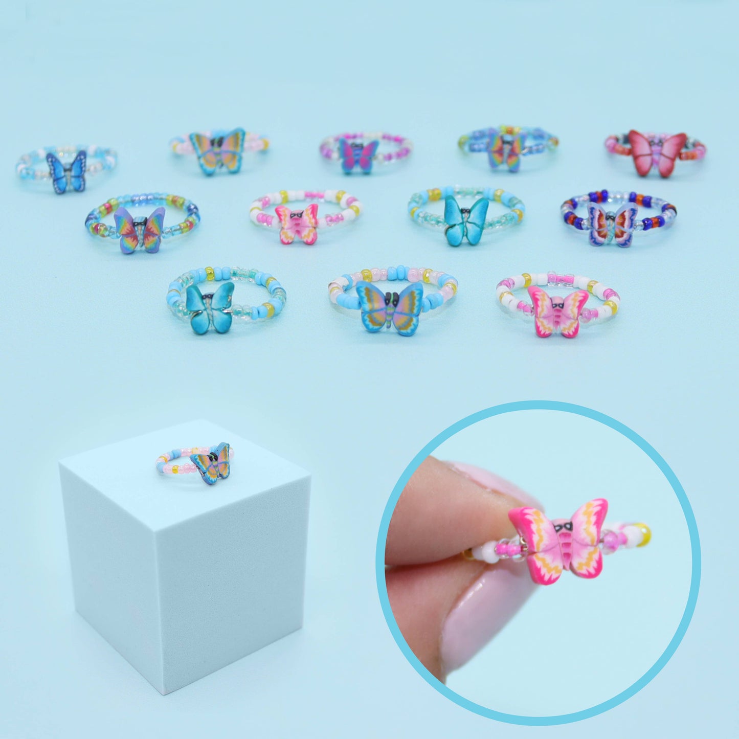 Assorted Boho Fimo Butterfly Rings For Teens- SET 12