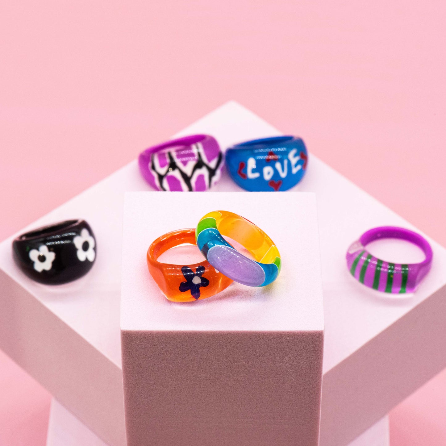 Assorted Chunky Y2K Resin Rings for Girls Women with Display