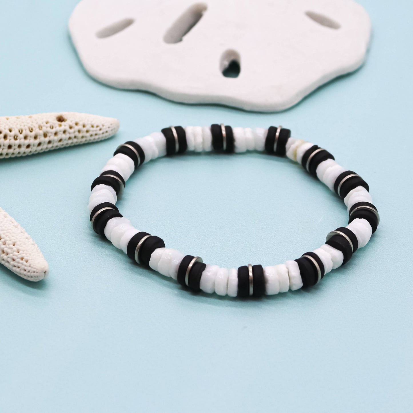 Stretch Puka Shell Bracelet with Black Disc Beads- PC