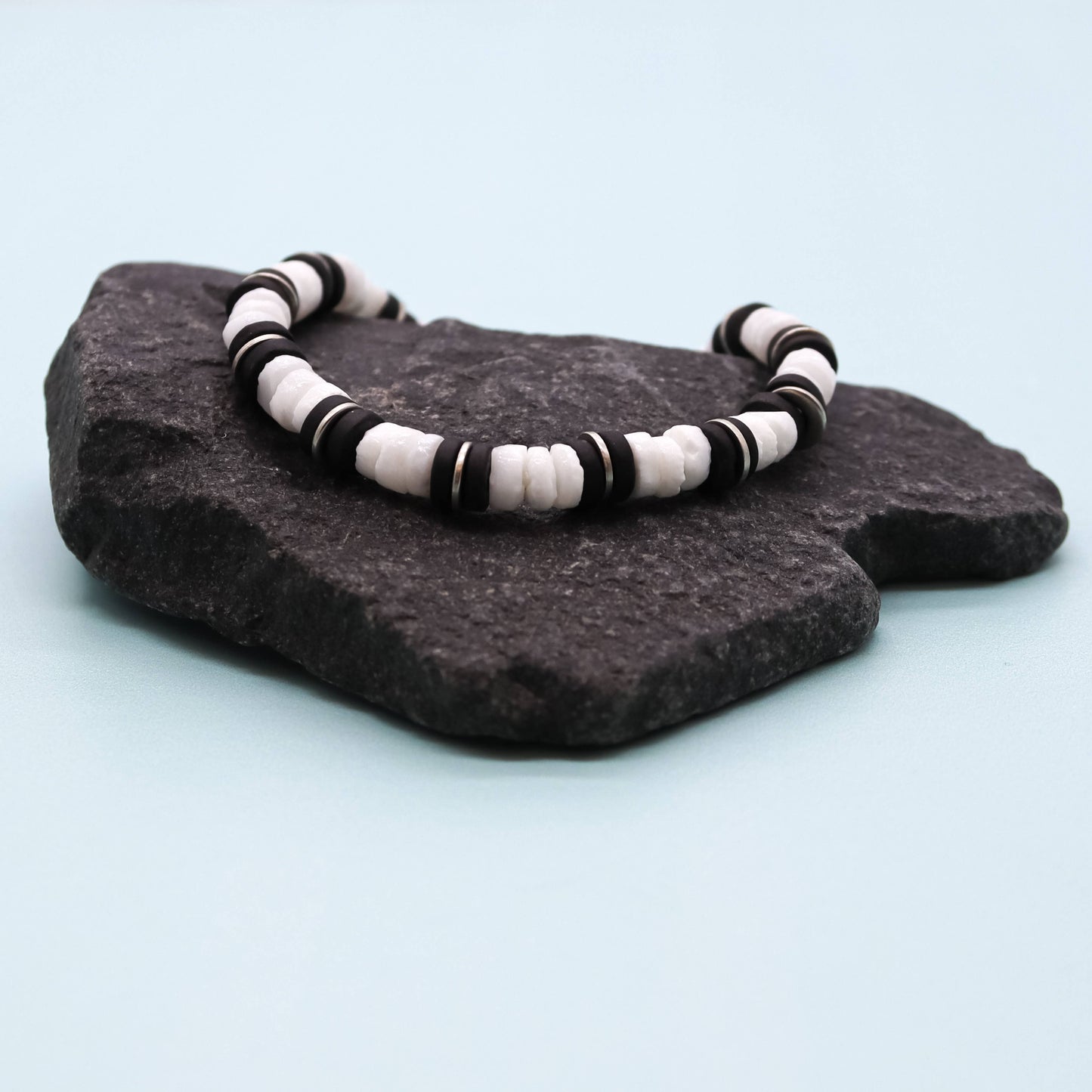 Stretch Puka Shell Bracelet with Black Disc Beads- PC