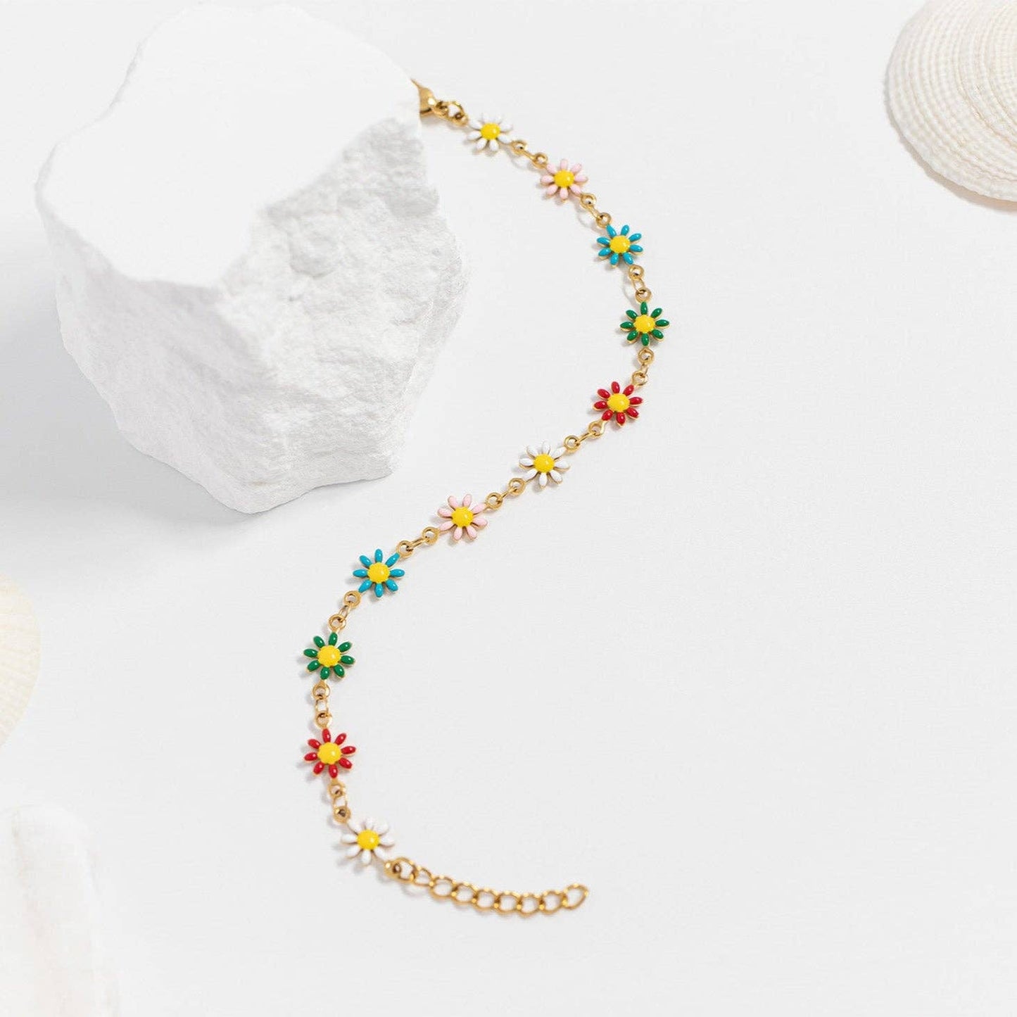 18K Gold PVD Multi Colored Floral Chain Bracelet
