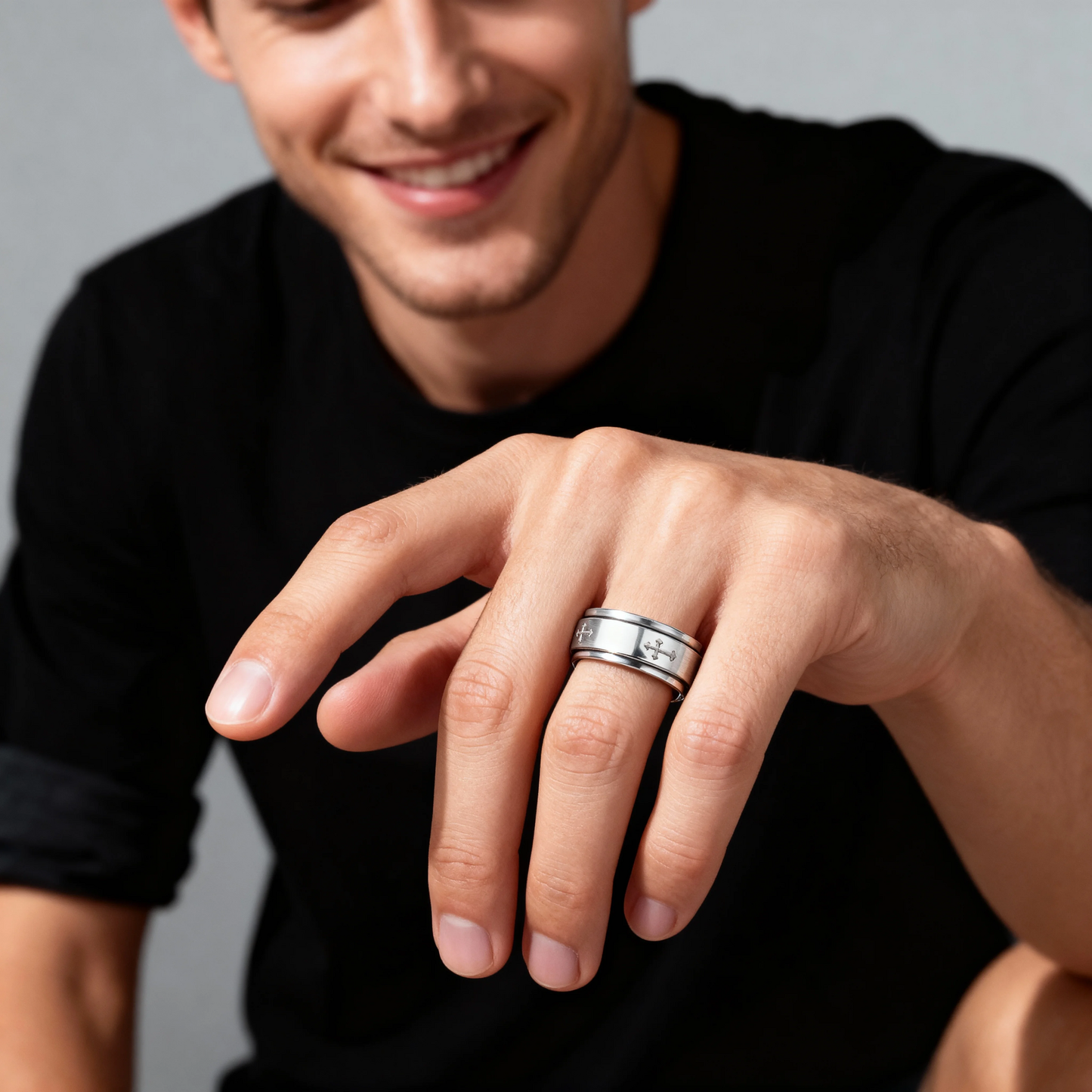 Cross Spinner Center Highly Polished Stainless Steel Ring