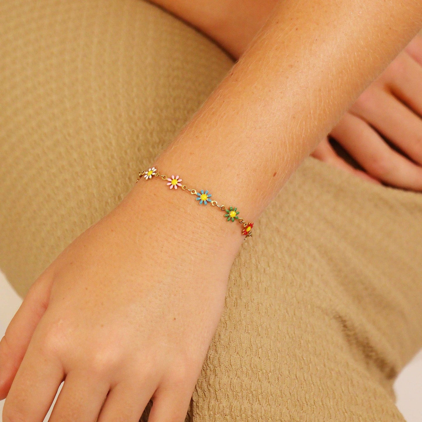18K Gold PVD Multi Colored Floral Chain Bracelet