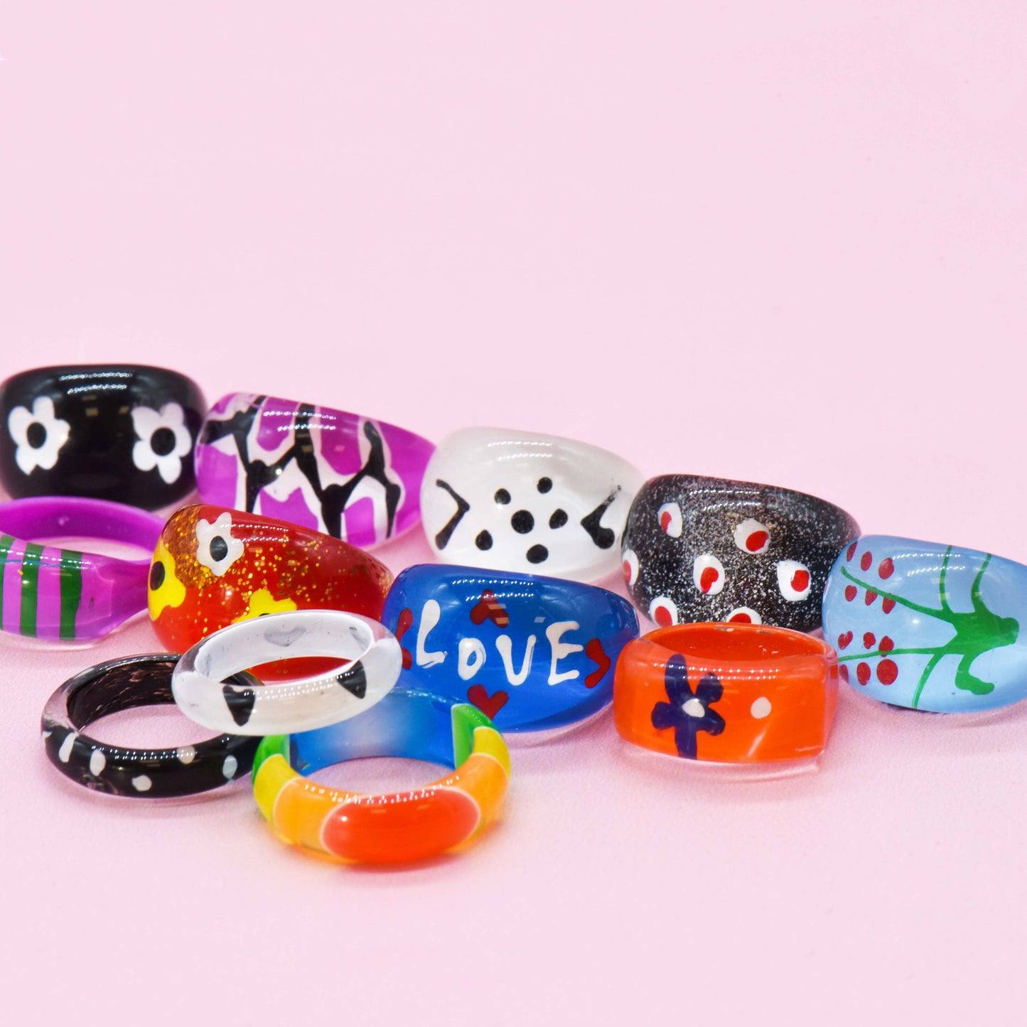 Assorted Chunky Y2K Resin Rings for Girls Women with Display